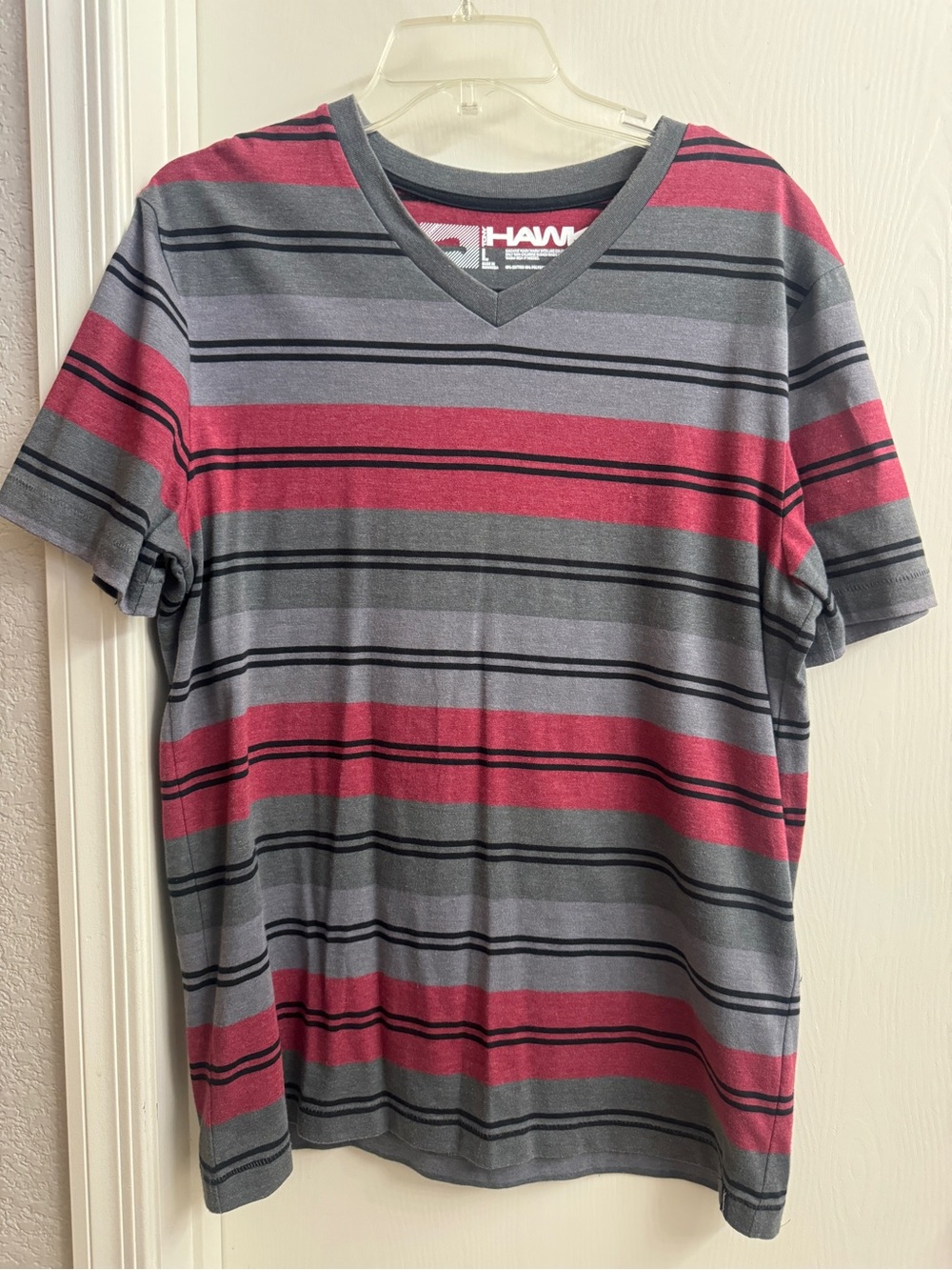 Tony Hawk Men's Striped V-Neck Tee in Gray and Maroon